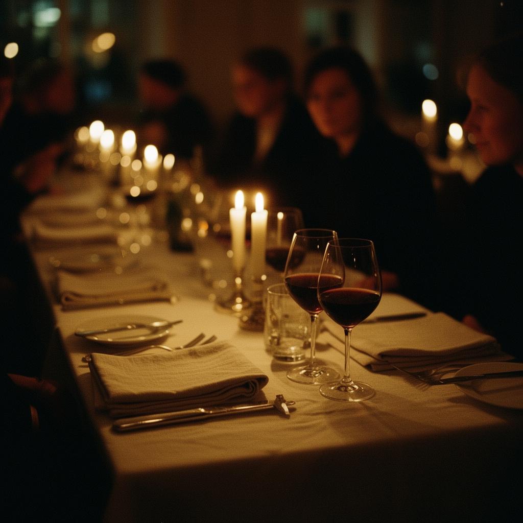 Candlelit table set with guests in soft warm light