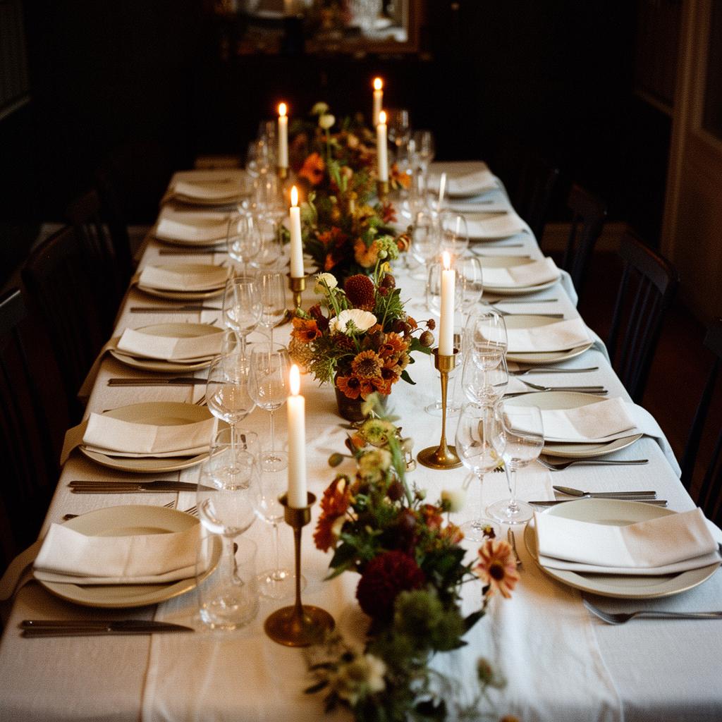 A long communal table dressed with florals and tapers